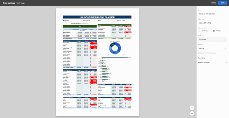 The household financial planner in the print settings window, ready to print on one page.